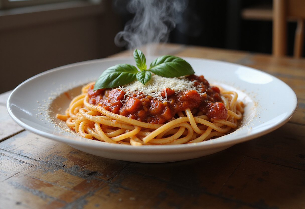 Juicy homemade KitchenAid pasta with tomato sauce, basil, and Parmesan.
