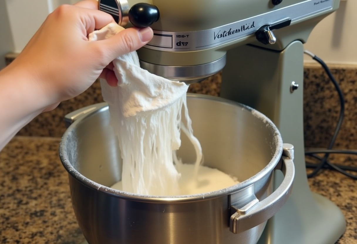 Flour being added to a KitchenAid mixer for making homemade pasta.