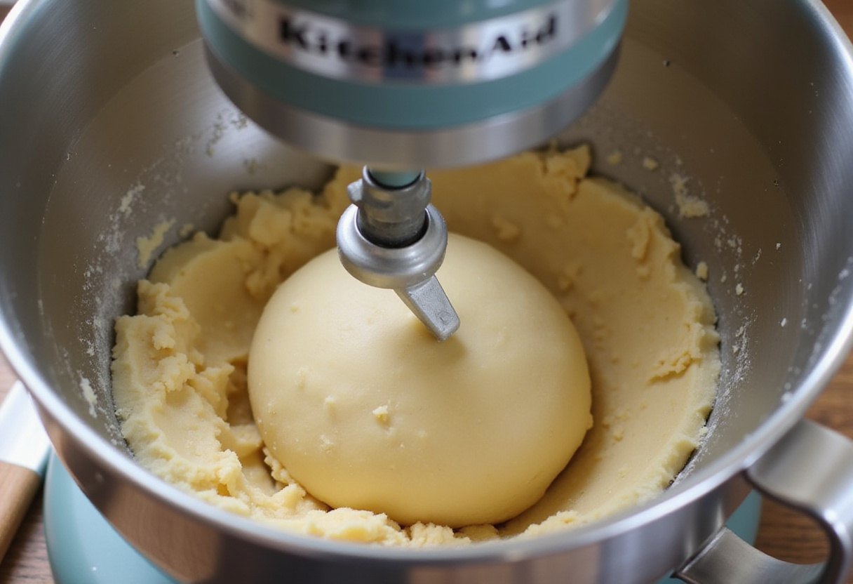 Kneading pasta dough in a KitchenAid mixer.