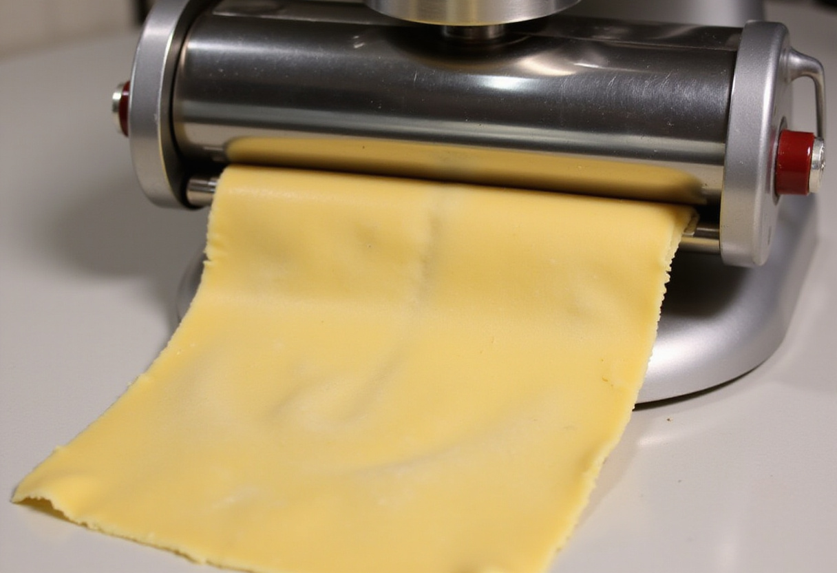 Pasta dough being rolled out with a KitchenAid pasta attachment.