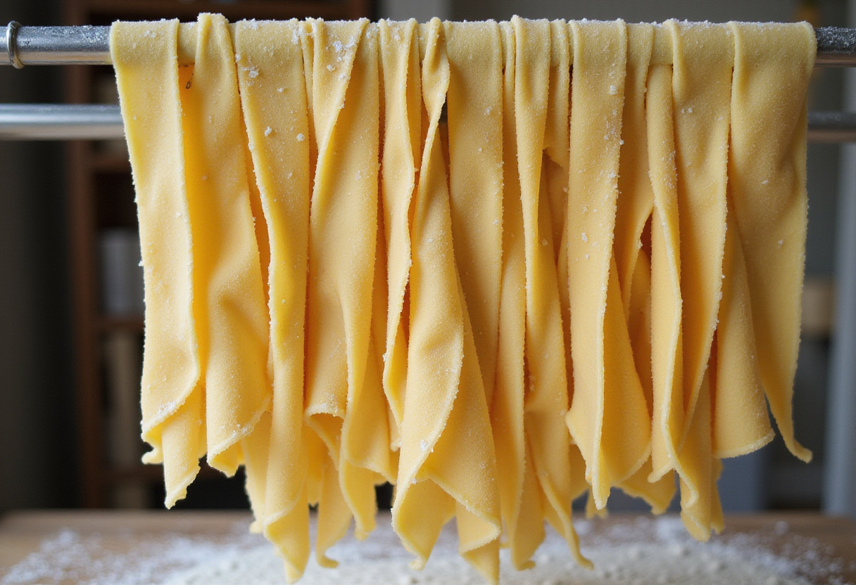 Fresh fettuccine drying on a rack, part of the Kitchenaid pasta recipe.