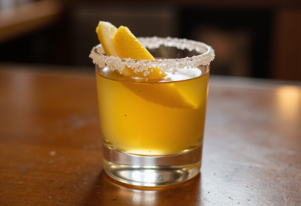 Finished Juicy Lemon Drop Shot with a lemon twist garnish.
