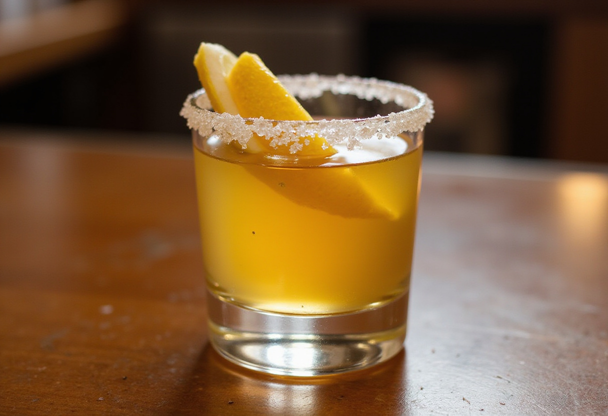 Finished Juicy Lemon Drop Shot with a lemon twist garnish.