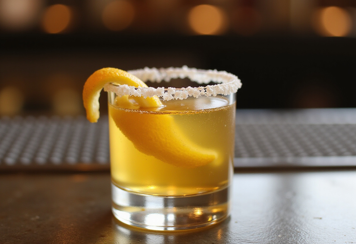 Finished Juicy Lemon Drop Shot with a lemon twist garnish.