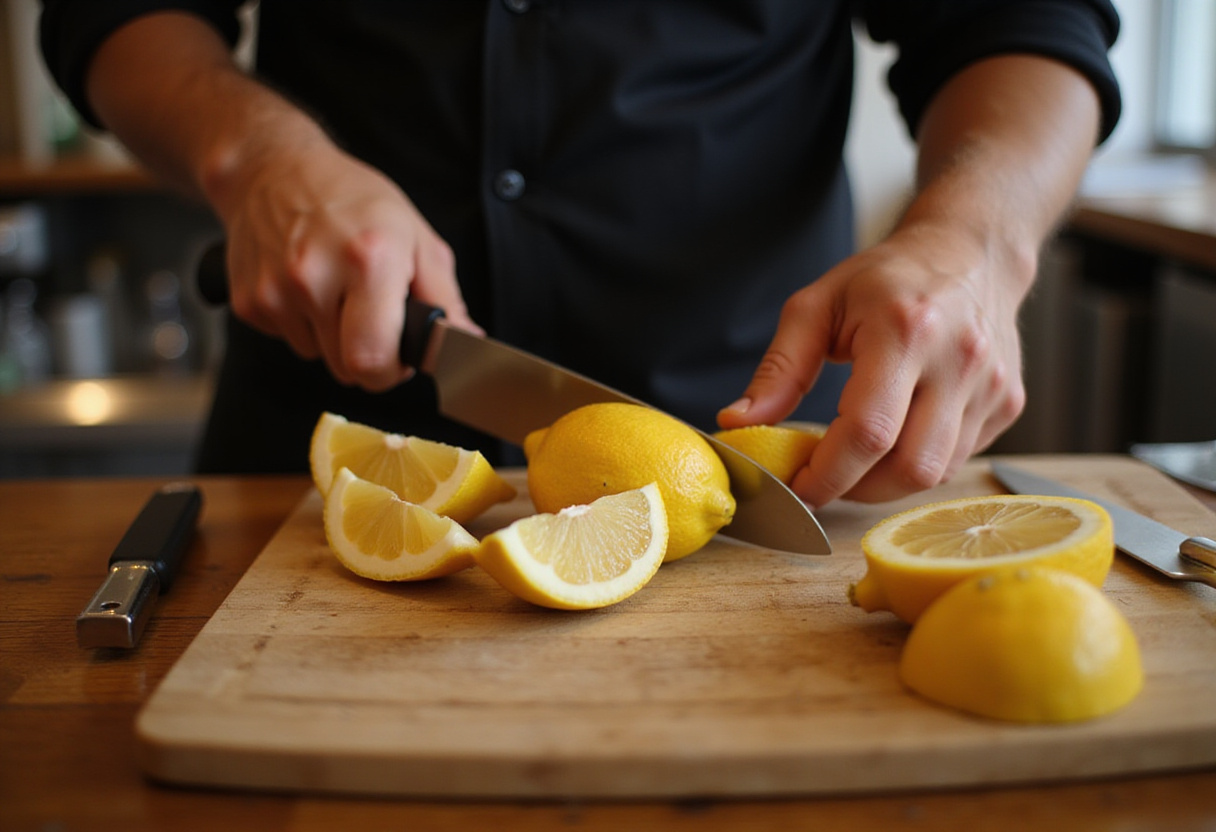 Fresh lemons being sliced for a Juicy Lemon Drop Shot Recipe.