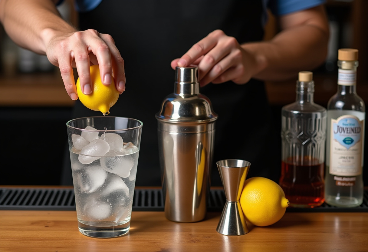 Lemon juice being squeezed into a cocktail shaker for a Lemon Drop Shot.
