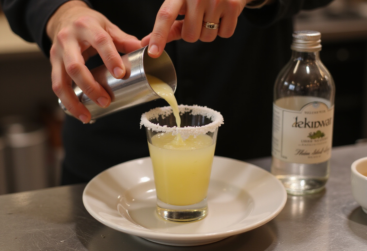 Straining a Lemon Drop Shot into a sugar-rimmed glass.