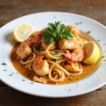 Juicy lobster pasta plated with parsley and lemon, ready to serve.