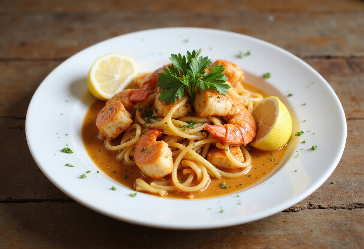 Juicy lobster pasta plated with parsley and lemon, ready to serve.
