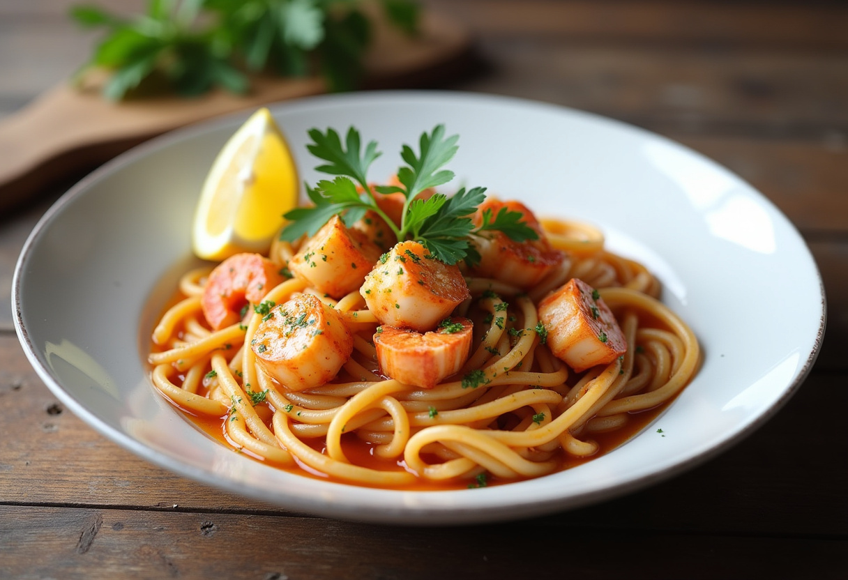 Juicy lobster pasta plated with parsley and lemon, ready to serve.