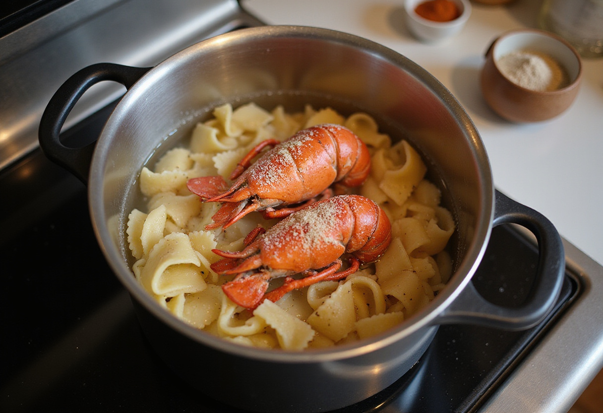 Water boiling in a pot, preparing to cook lobster for juicy lobster pasta.