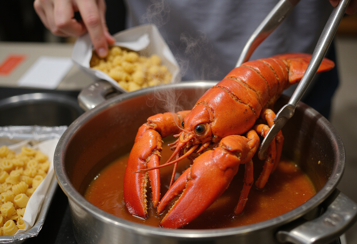 Cooked red lobster being removed from pot for lobster pasta recipe.