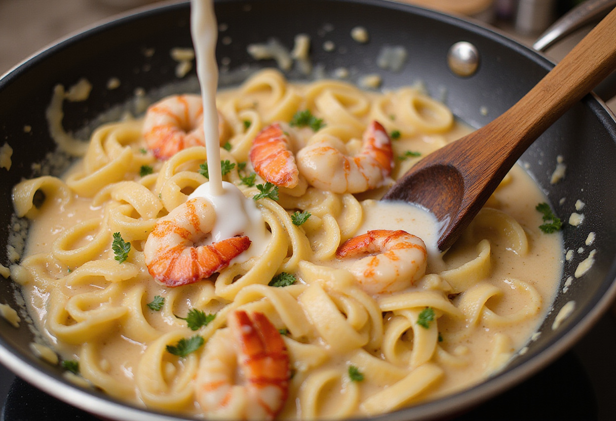 Cream being poured into a pan of sautéed garlic and herbs for lobster pasta sauce.