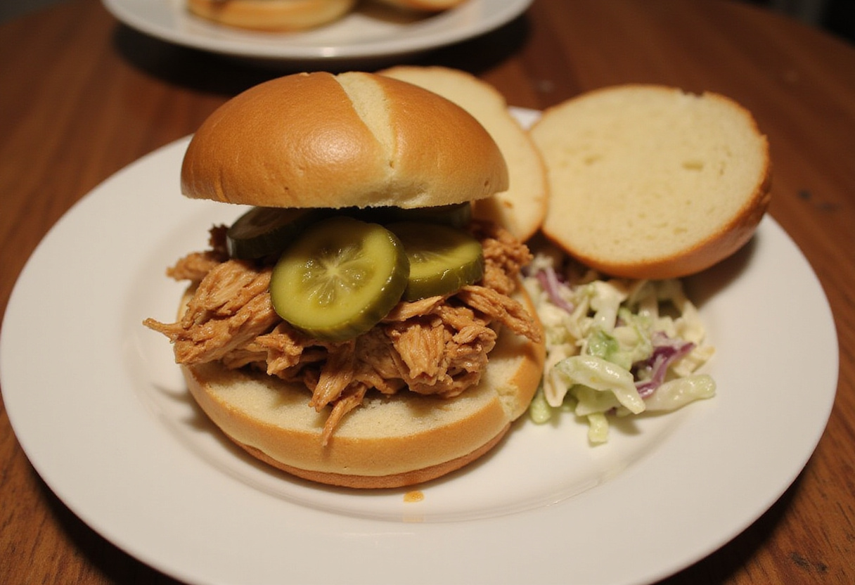 Juicy shredded Mississippi Chicken sandwich with pickles and coleslaw, a delicious and easy meal.