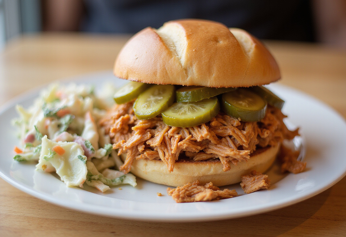 Juicy shredded Mississippi Chicken sandwich with pickles and coleslaw, a delicious and easy meal.