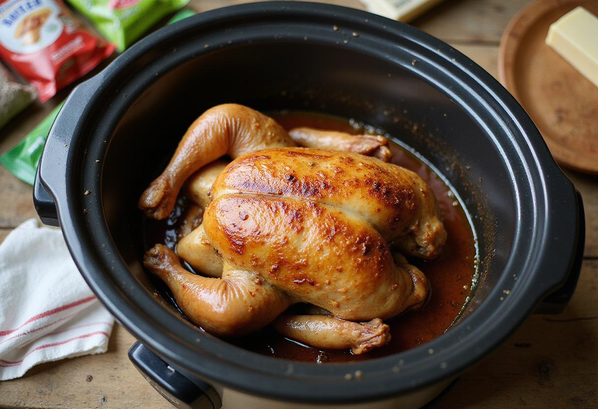 Preparing Mississippi Chicken in a slow cooker, showcasing the ingredients for a juicy recipe.