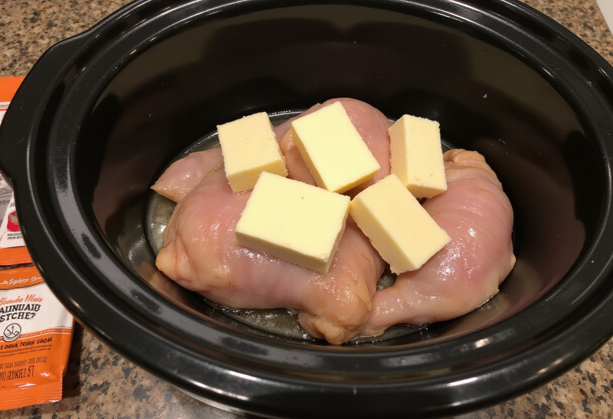 Adding butter to the chicken inside the slow cooker for a richer Mississippi Chicken dish.