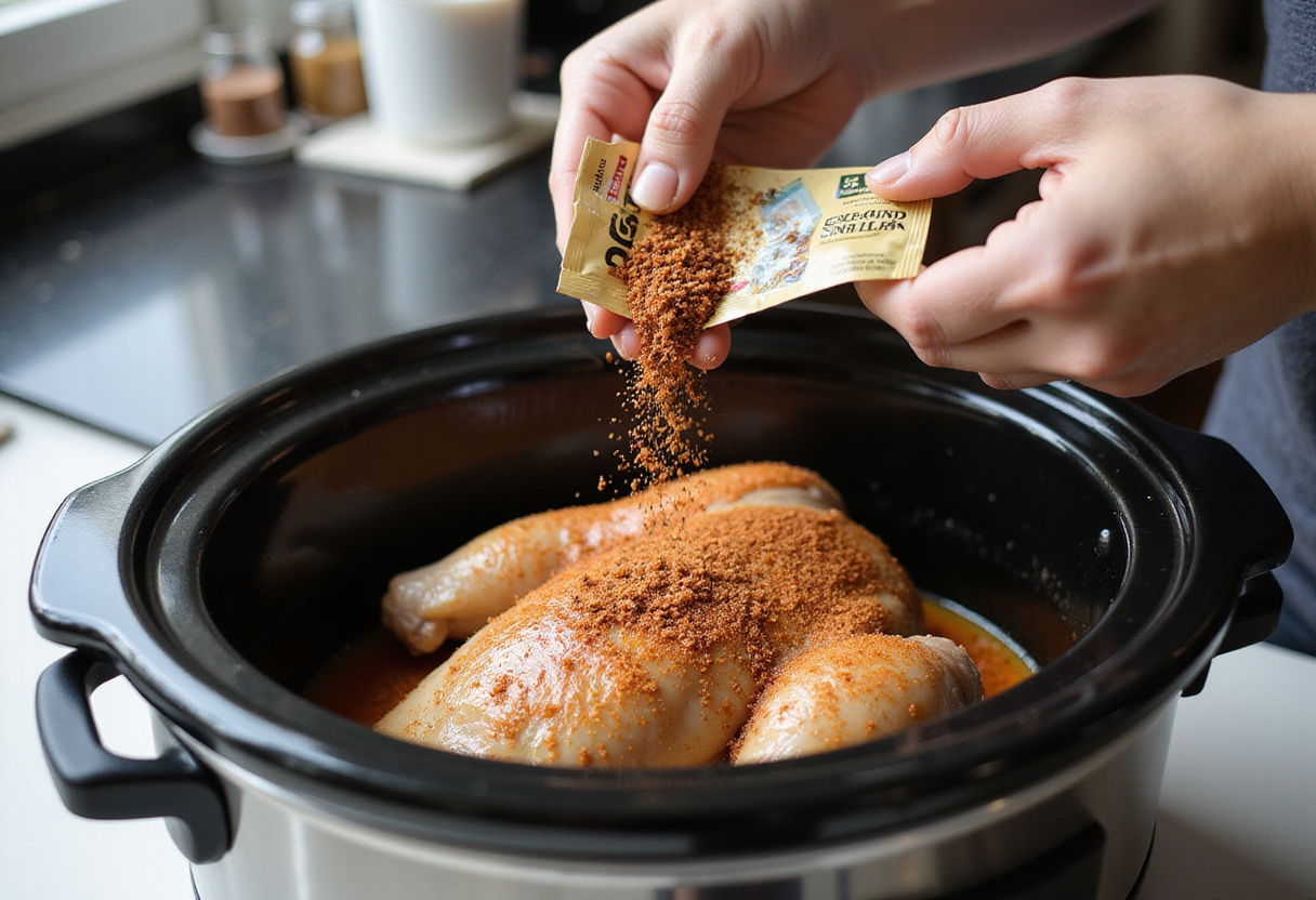 Seasoning the chicken inside the slow cooker with ranch dressing mix and au jus gravy mix for a flavorful Mississippi Chicken.