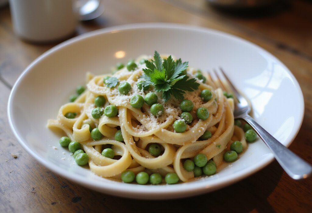Juicy Pasta and Peas garnished with parsley and parmesan cheese.