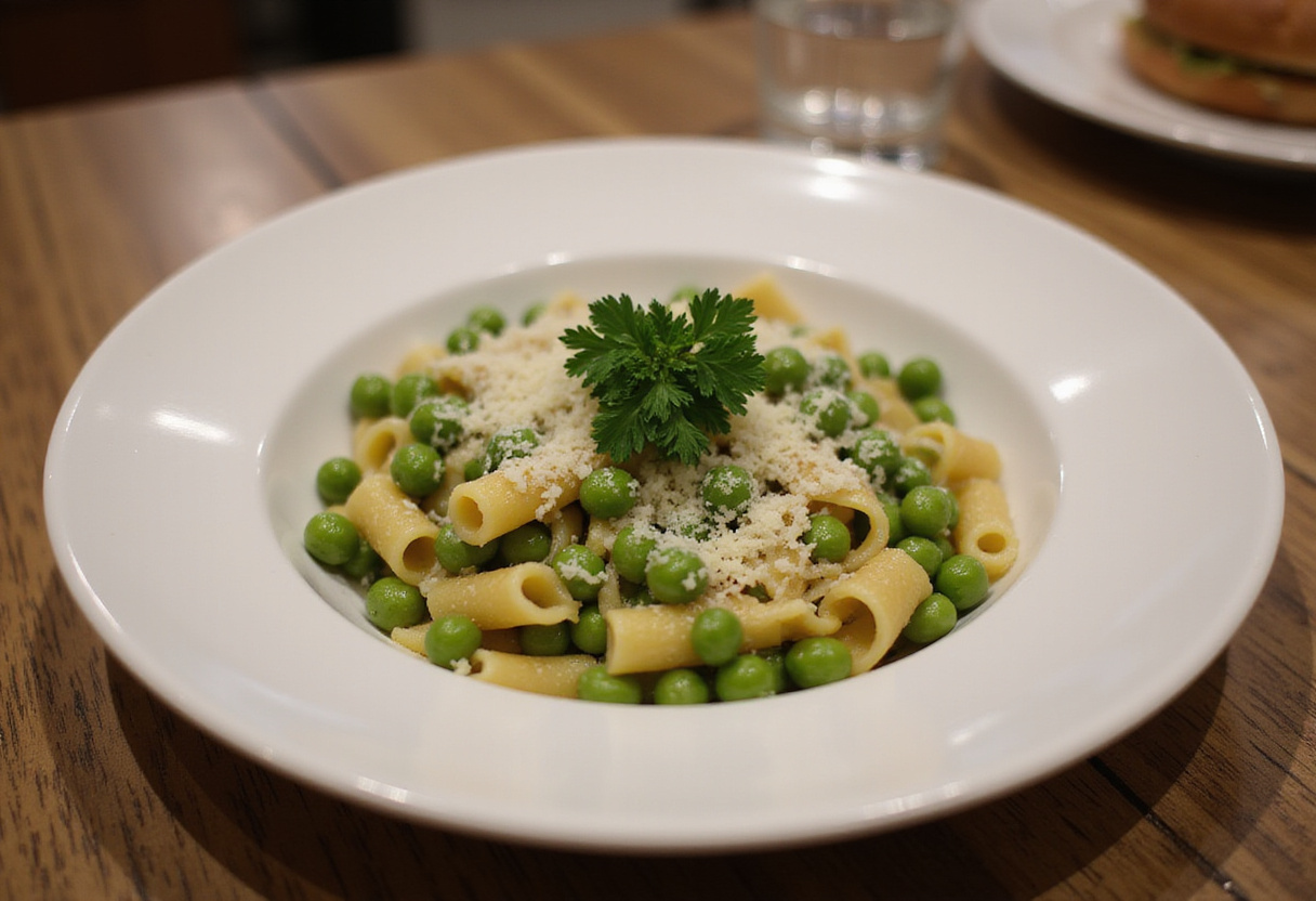 Juicy Pasta and Peas garnished with parsley and parmesan cheese.