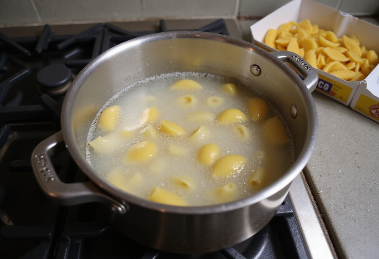 Boiling water for cooking pasta in a juicy Pasta and Peas recipe.