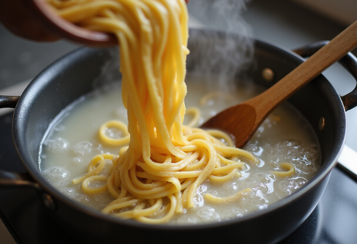 Pasta cooking in boiling water for Pasta and Peas.