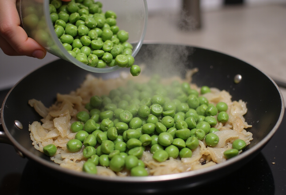 Frozen peas added to sautéed onions and garlic for a juicy Pasta and Peas recipe.