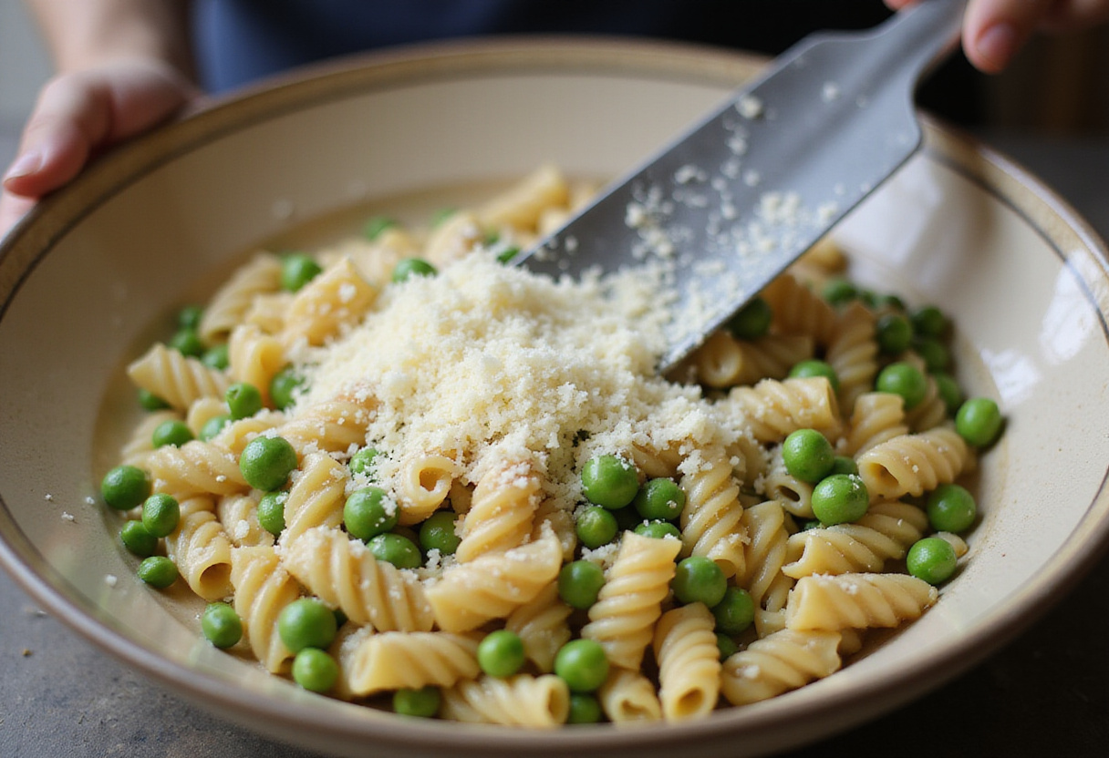 Parmesan cheese being stirred into Pasta and Peas.