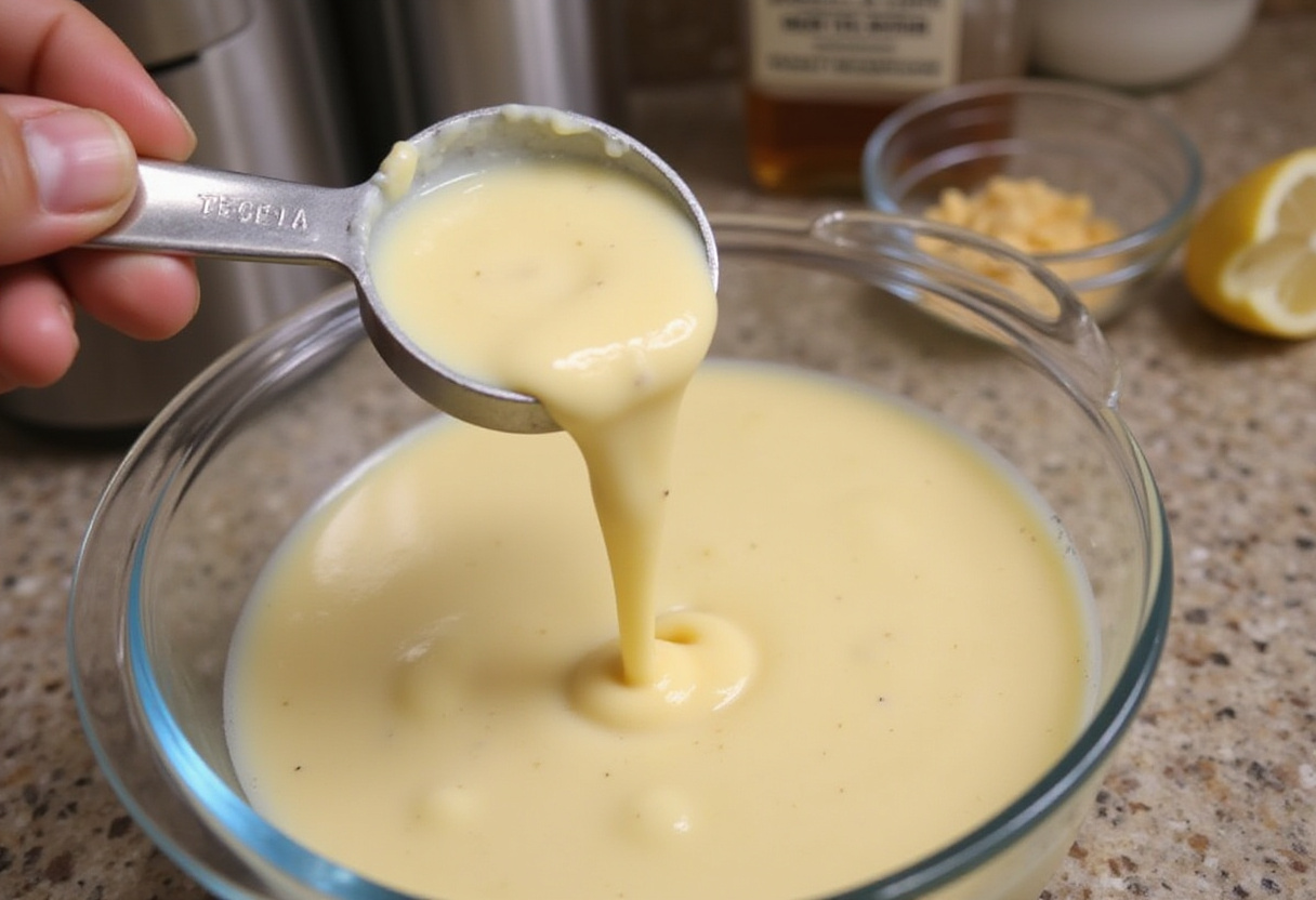 Mayonnaise being added to a bowl for Raising Cane's Sauce.