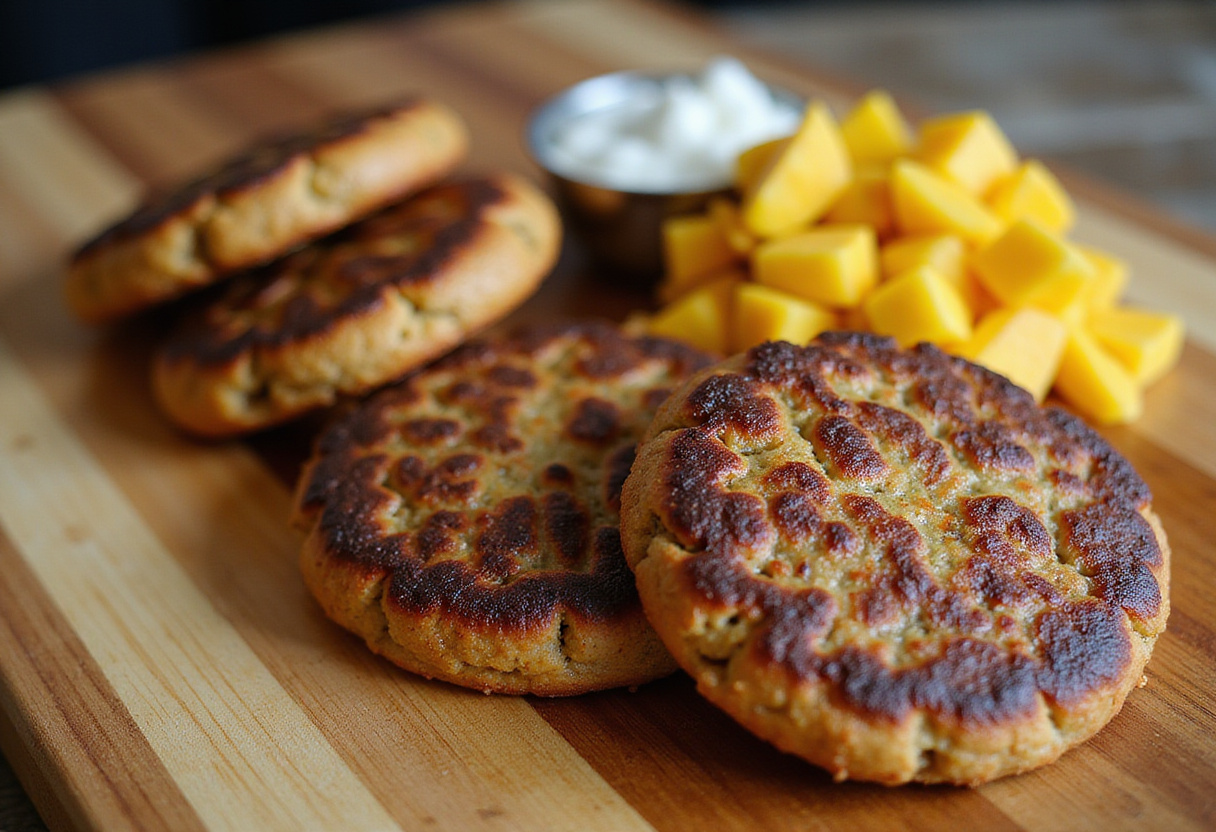 Juicy Jamaican Beef Patties served with mango salsa.