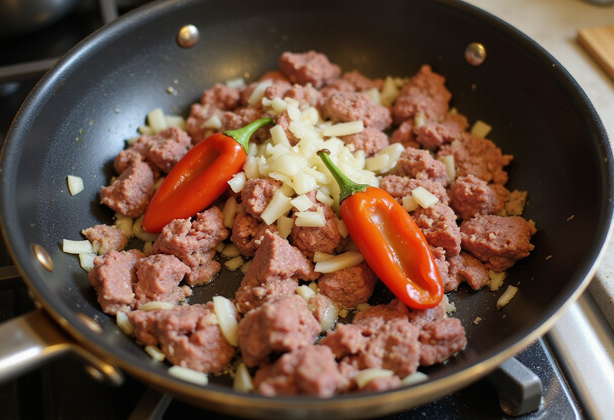 Browning ground beef with seasonings for Jamaican Beef Patties.