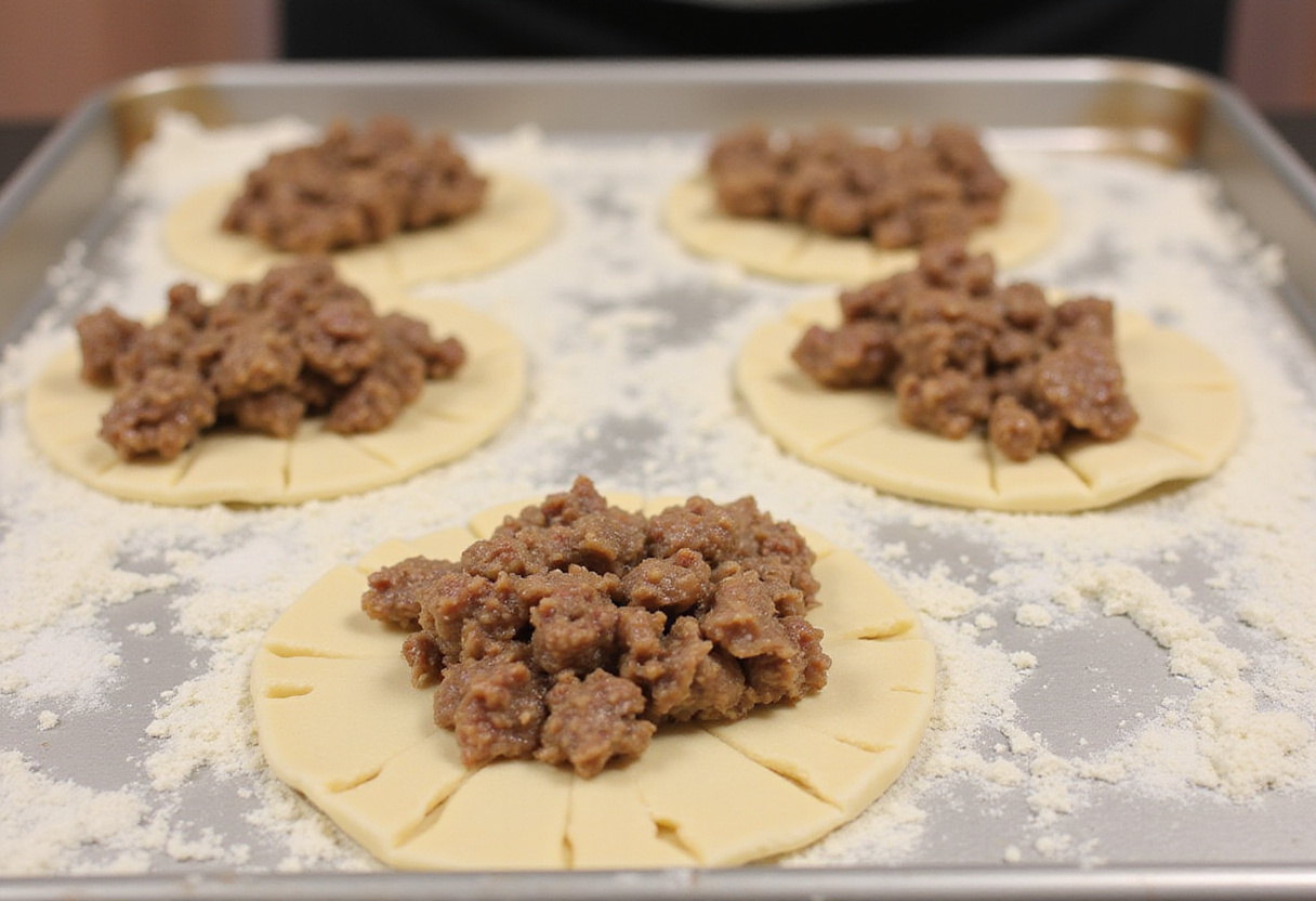 Filling pastry dough with seasoned beef for Jamaican Patties.