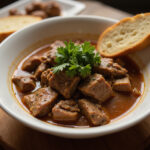 Delicious Juicy Beef Broth Recipe served in a bowl with parsley and bread.