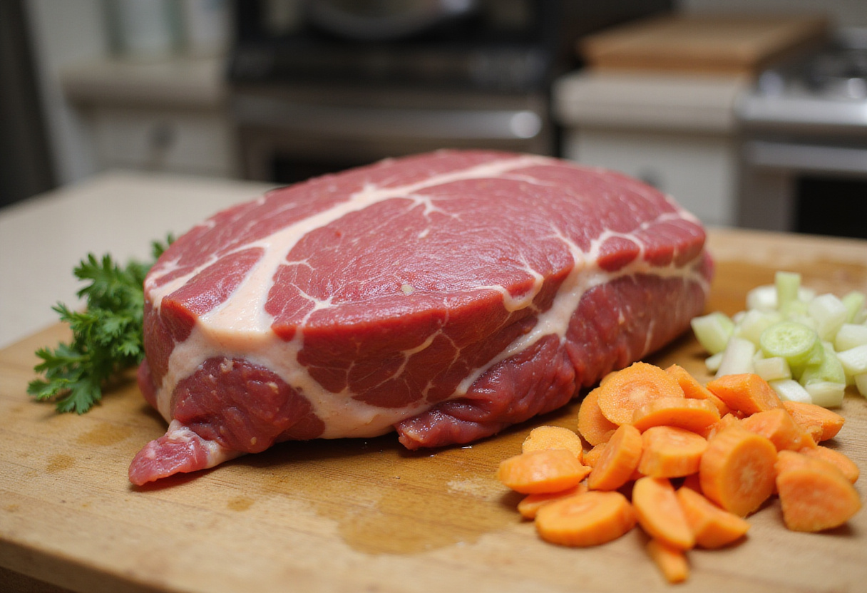 Preparing vegetables and beef roast for Juicy Beef Broth Recipe.