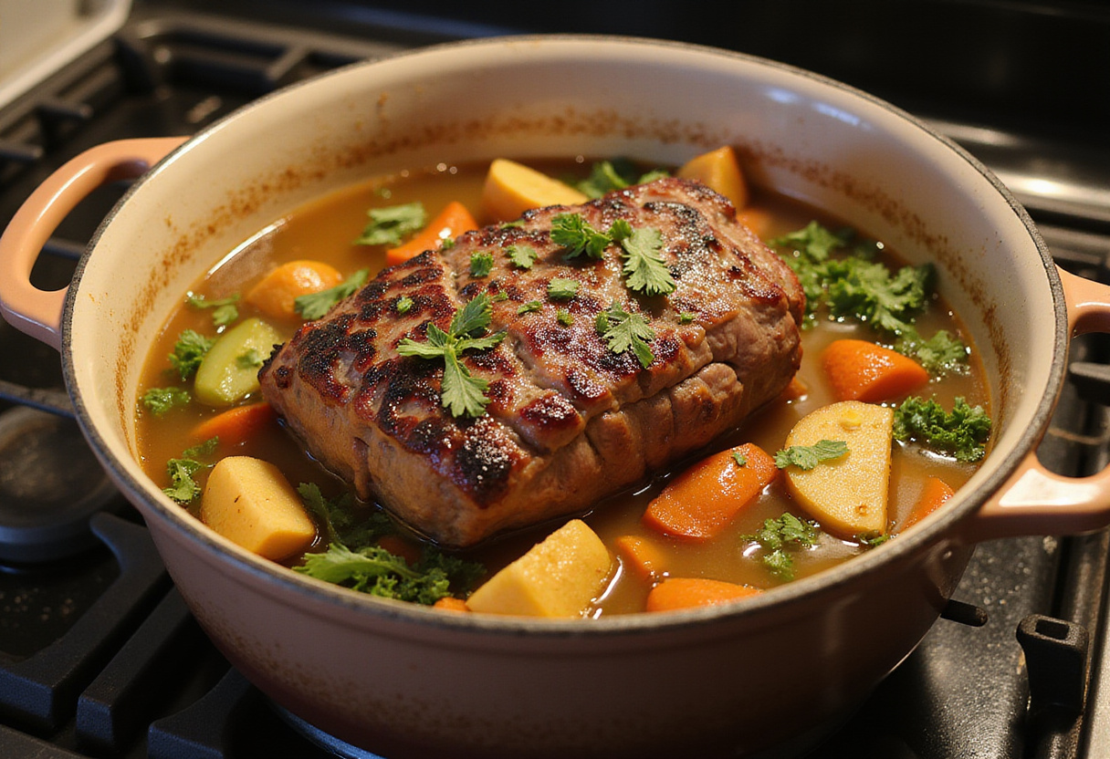 Searing beef roast and vegetables in a pot for making beef broth.