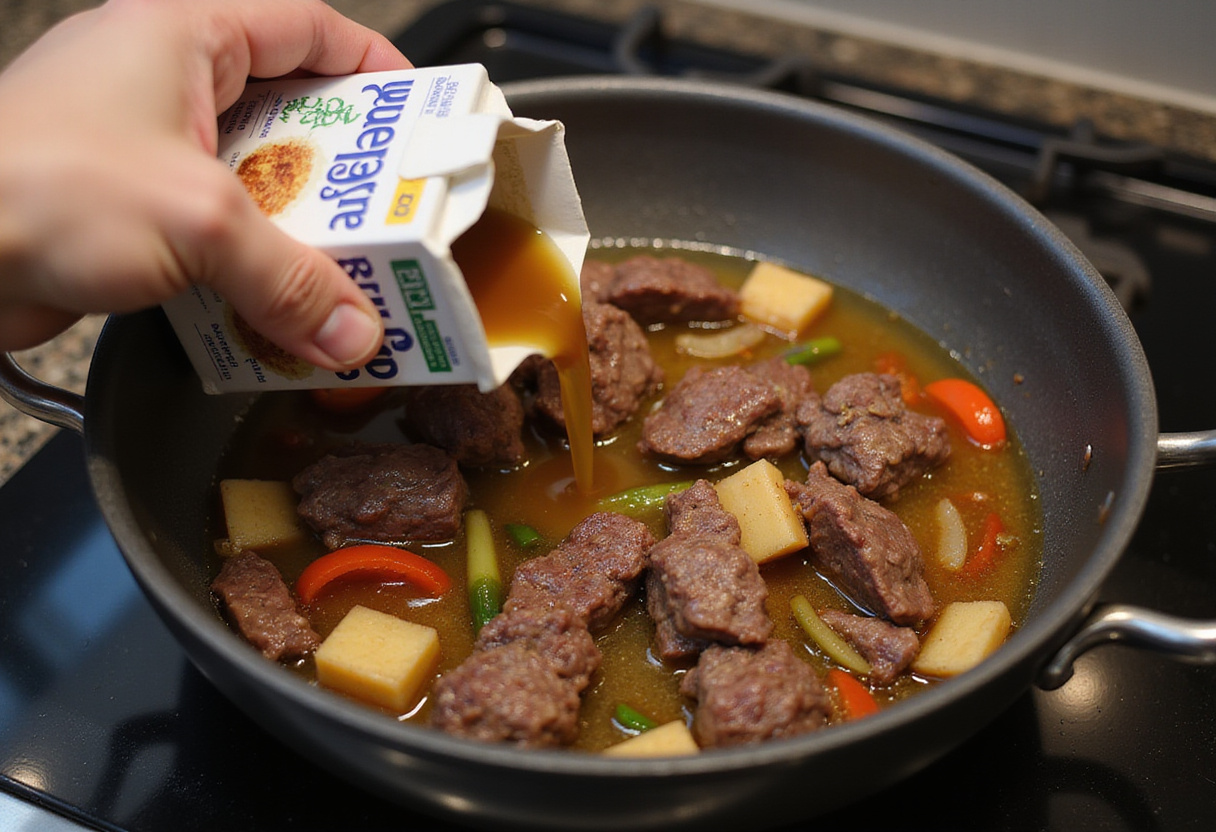 Adding beef broth to seared beef and vegetables in a pot.