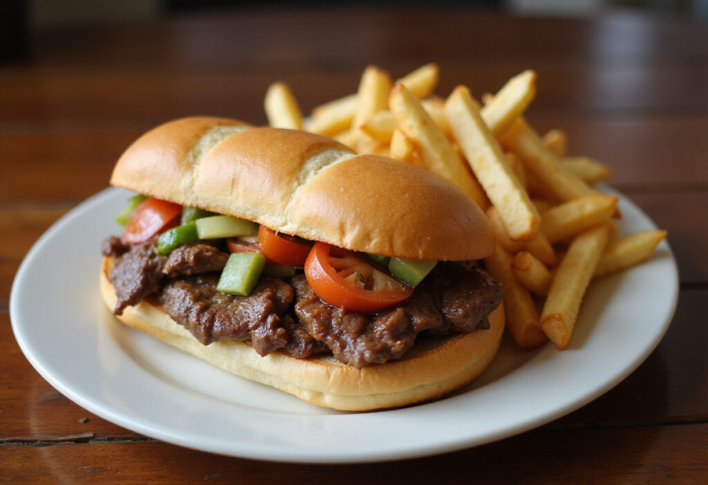 Juicy shaved beef steak sandwich with toppings and fries.