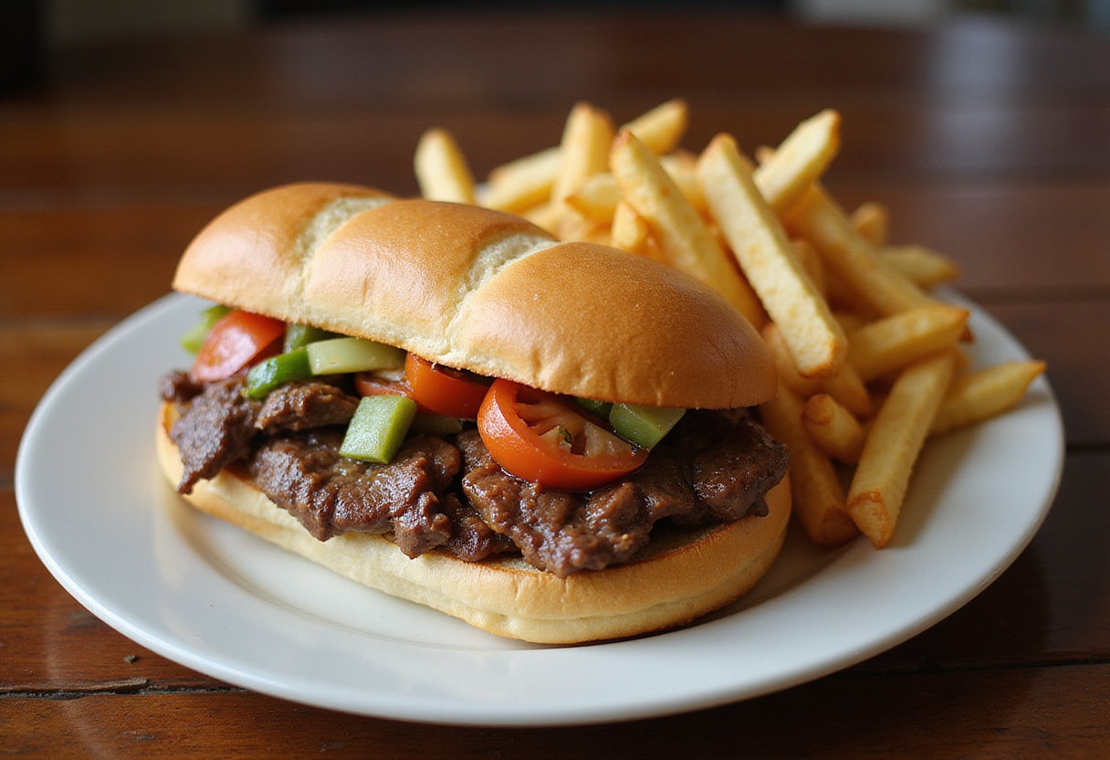 Juicy shaved beef steak sandwich with toppings and fries.