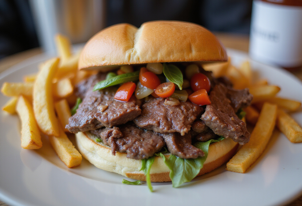 Juicy shaved beef steak sandwich with toppings and fries.