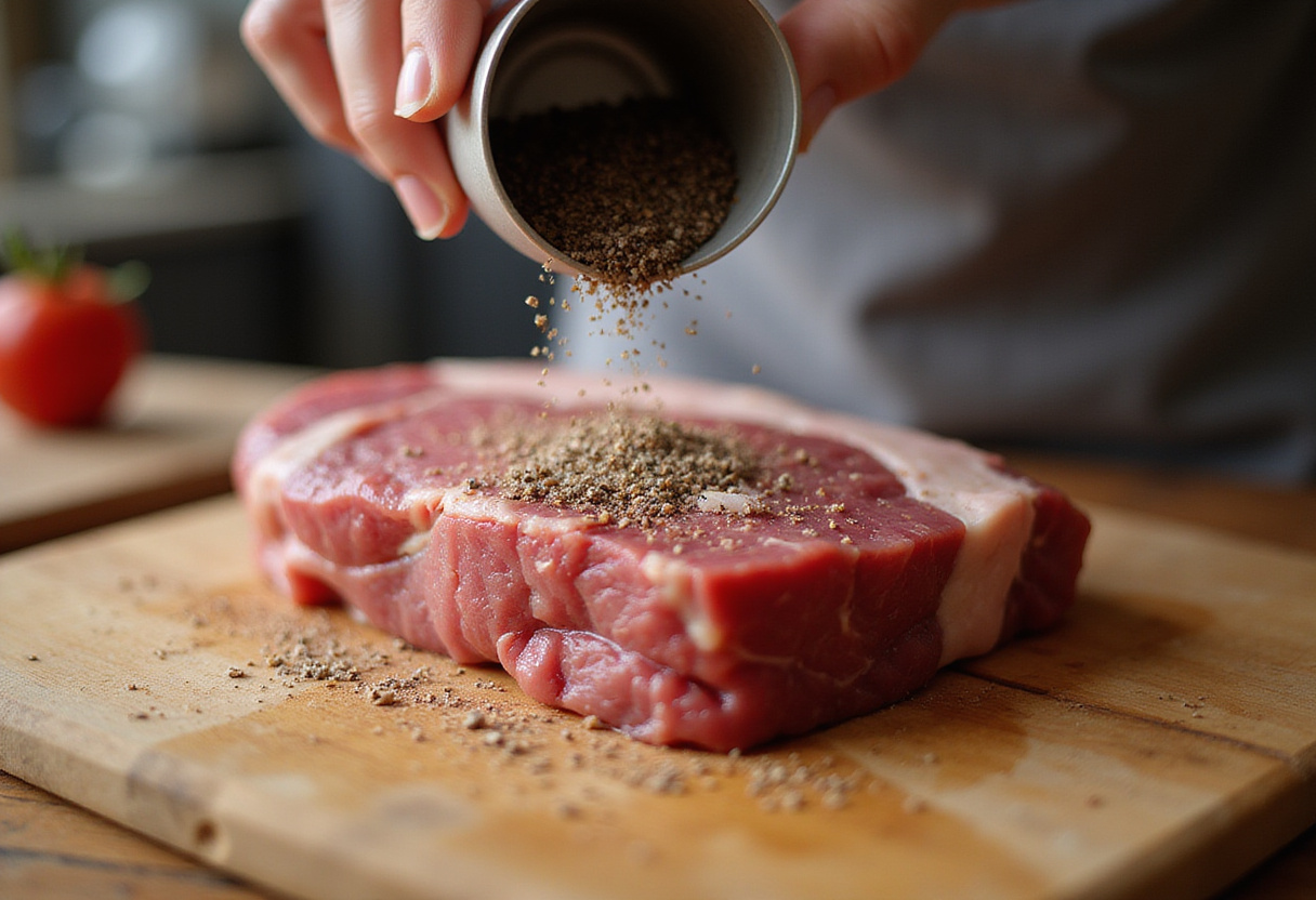 Raw beef steak seasoned with salt and pepper for juicy shaved beef steak.