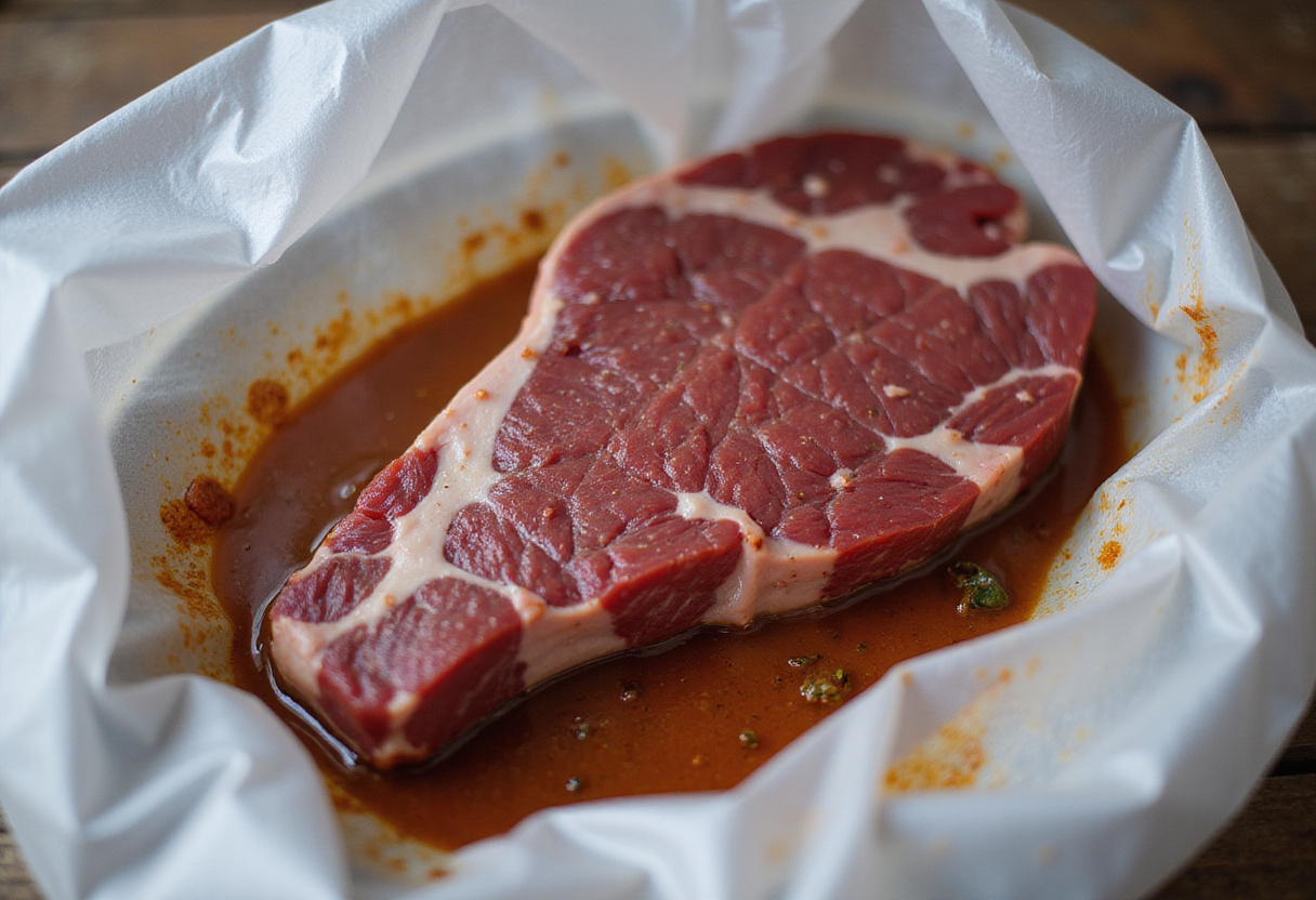 Beef steak marinating in the fridge for juicy shaved beef steak recipe.