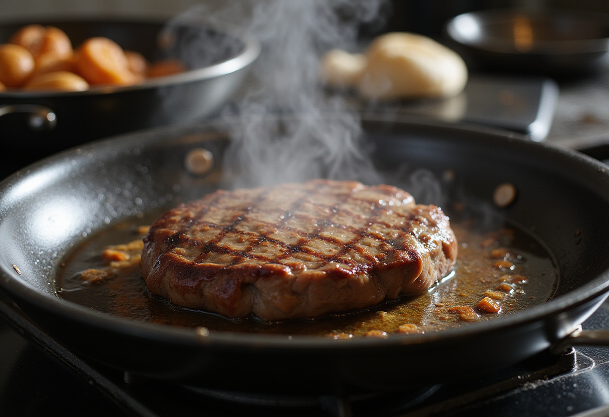 Beef steak cooking in a pan for juicy shaved beef steak.