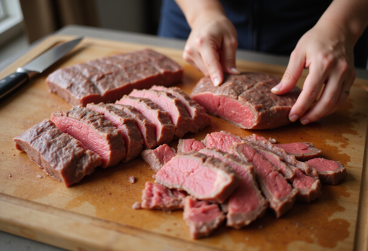Thinly sliced beef steak ready to be used in recipe.