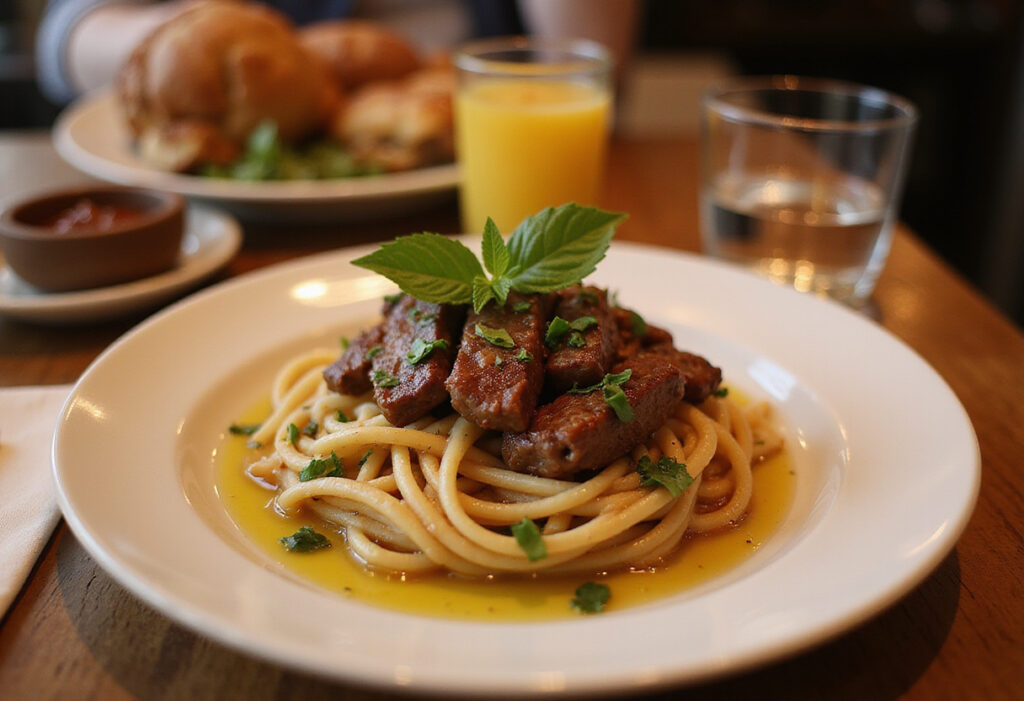 Finished plate of juicy steak pasta.