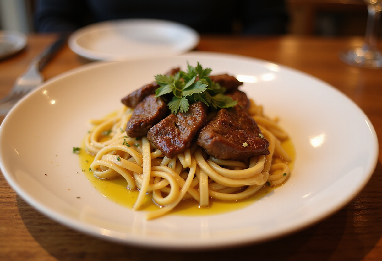 Finished plate of juicy steak pasta.