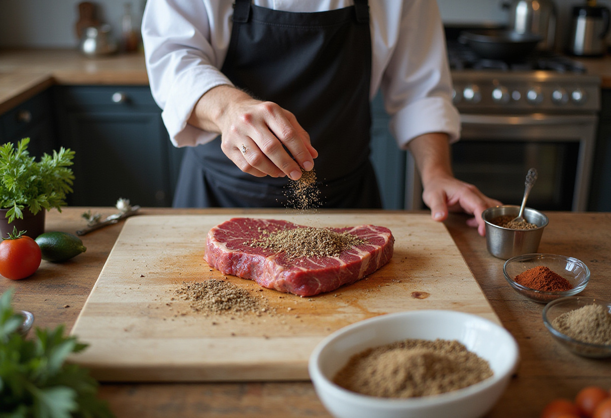 Seasoning steak for a juicy steak pasta recipe.