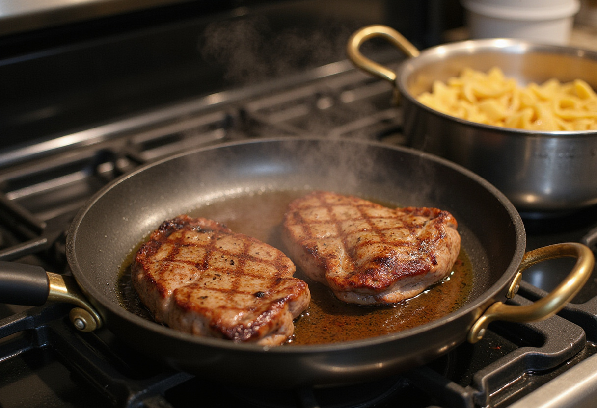 Searing steak in a pan, preparing for steak pasta.