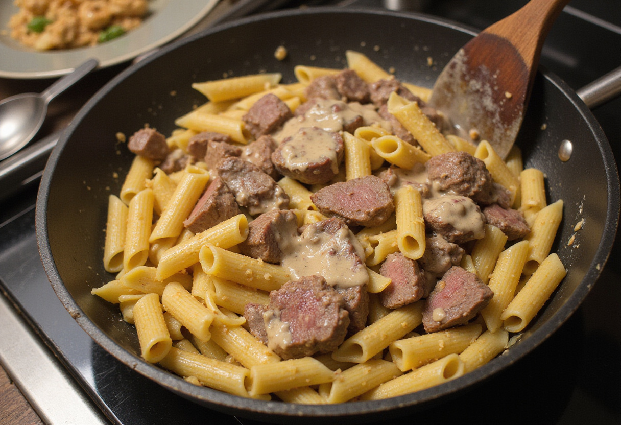 Tossing pasta with steak and creamy sauce for steak pasta recipe.