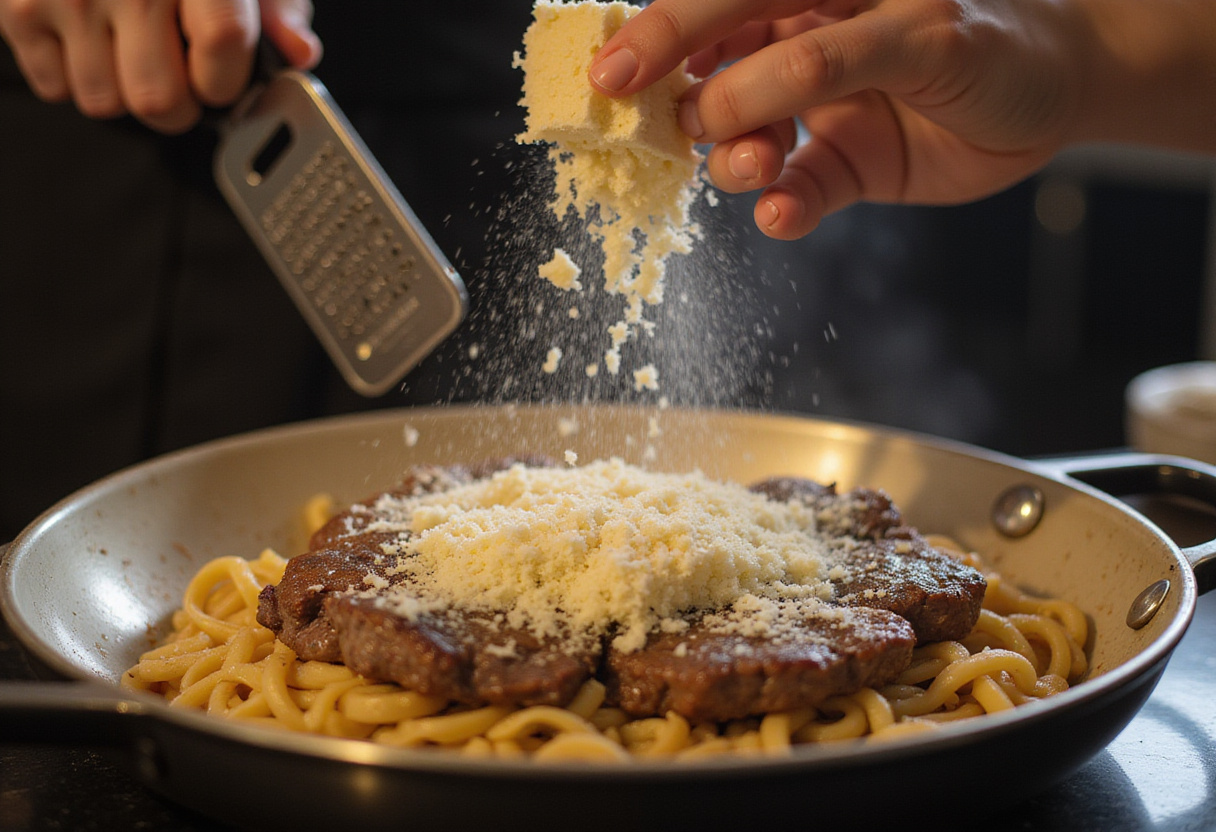 Adding Parmesan cheese to steak pasta.