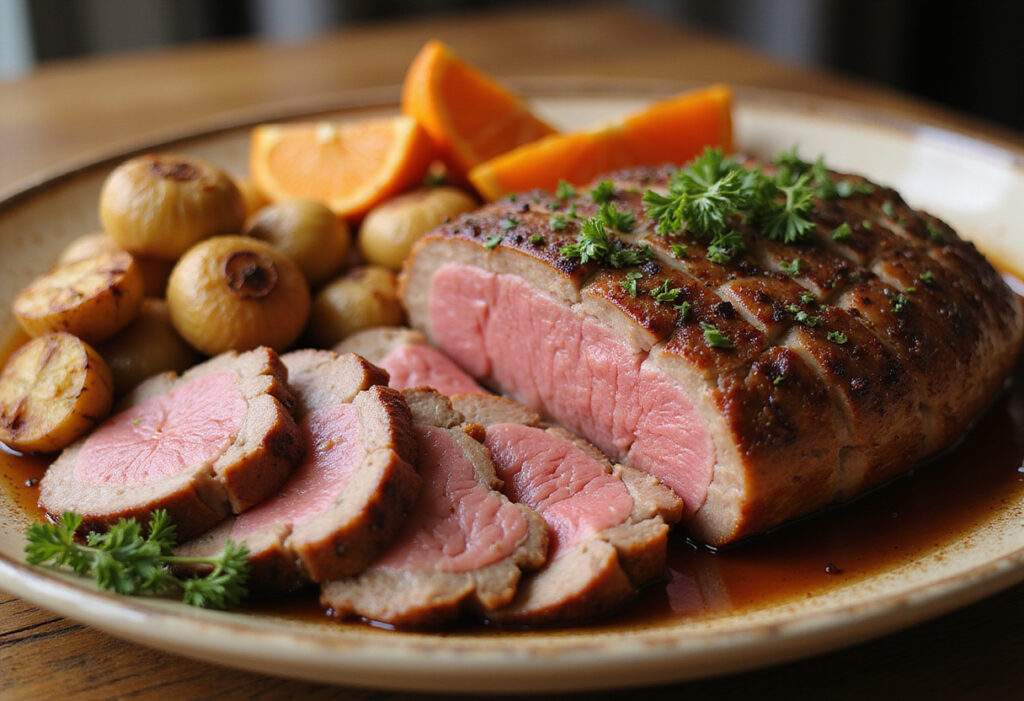 Juicy sliced top round roast served with roasted vegetables, a perfect and flavorful dish.